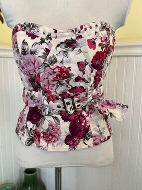 Mandee Floral Strapless Bustier Top With Belted Waist & Rhinestone Accents L